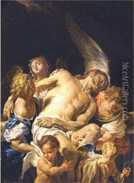Dead Christ Supported By Angels Oil Painting - Francesco Trevisani