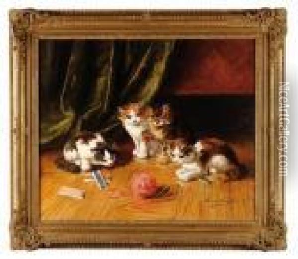 Chat A La Pelote De Laine Oil Painting - Alphonse de Neuville