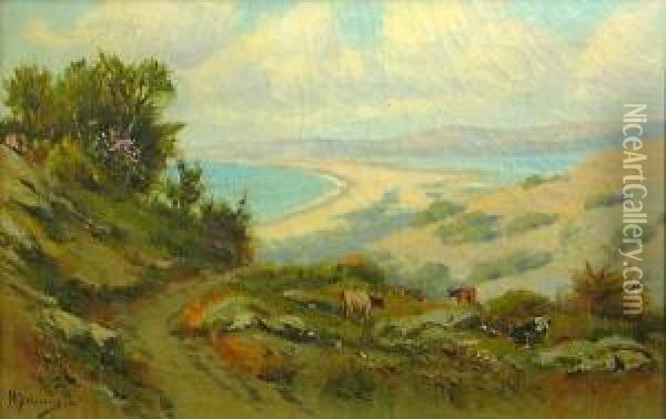 A Marin County Coastal View With Cattlegrazing In The Foreground Oil Painting - Manuel Valencia