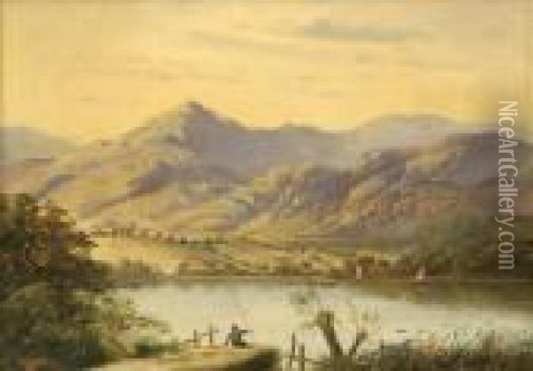 Angler In An Extensive Mountainous Lake Landscape Oil Painting - James Scott Kinnear