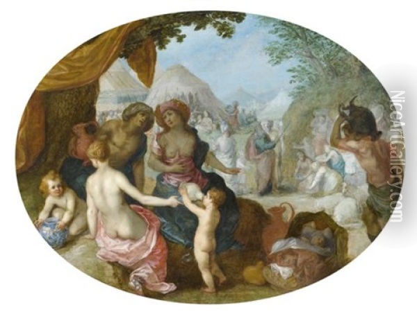 Moses Schlagt Wasser Aus Dem Felsen Oil Painting - Hendrik van Balen the Elder