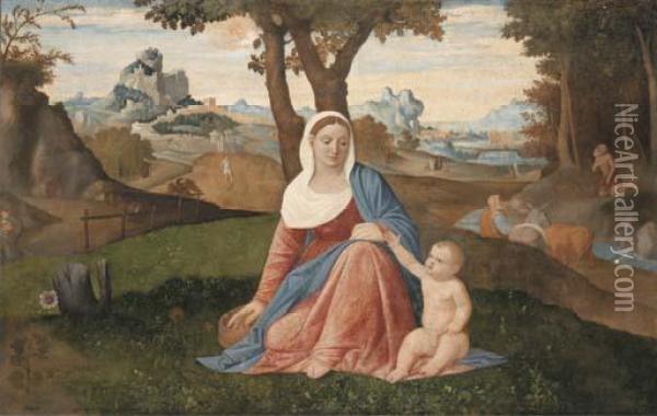 The Rest On The Flight Into 
Egypt With The Penitent Saint Jerome In A Wooded River Landscape Oil Painting - Benedetto Diana