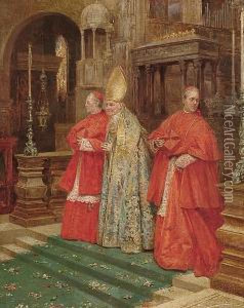 A Bishop Flanked By Two Cardinals Oil Painting - Umberto Cacciarelli