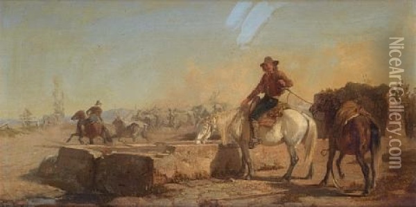 A Butero Watering His Horse In The Roman Campagna Oil Painting - George Hemning Mason