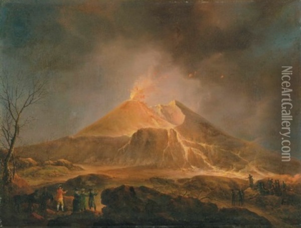 A View Of Vesuvius Erupting With Sir William Hamilton Observing From Afar With His Crew, The Painter On The Right Oil Painting - Michael Wutky