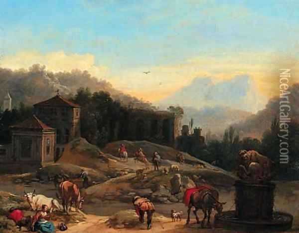An extensive Italianate landscape with travellers by a well Oil Painting - Francesco Zuccarelli