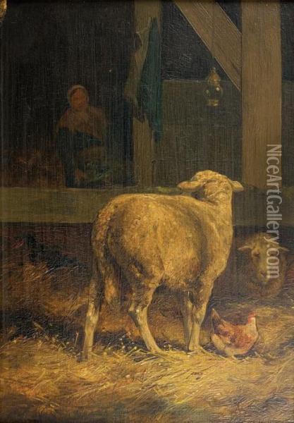 Moutons Dans La Bergerie Oil Painting - Frans Van Leemputten