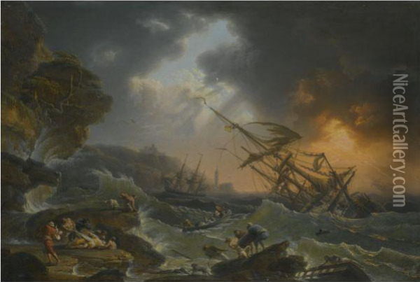 A Storm At Sea With A Shipwreck Off The Coast And Drowning Figures In The Foreground Oil Painting - Jean Francois Foucher