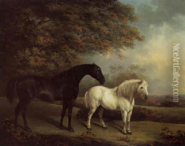 A Dark Bay Hunter And A Grey Pony In A Landscape Oil Painting - Henry Bernard Chalon