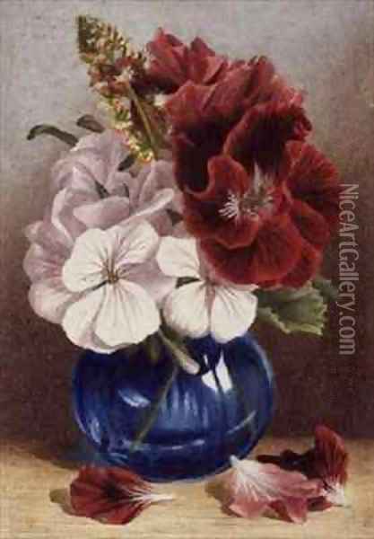 Claret and White Pelargoniums in a Blue Vase Oil Painting - Mary Elizabeth Duffield