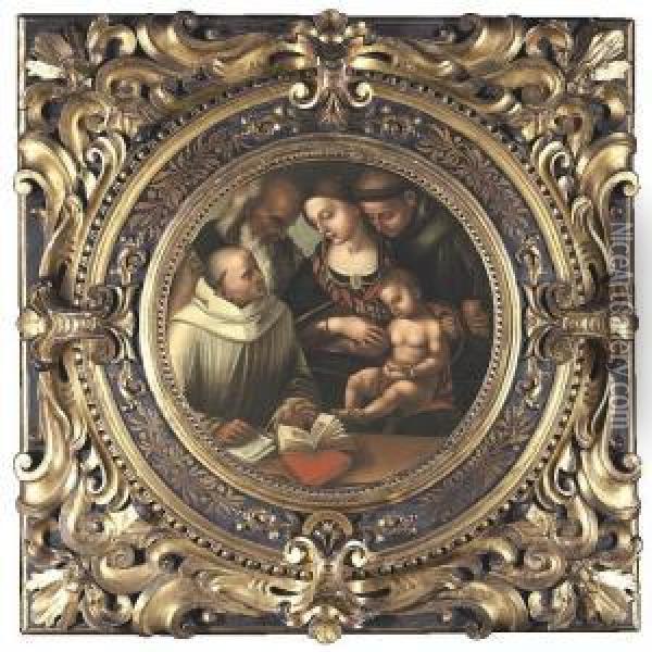 The Madonna And Child With 
Saints Bernard(?), Anthony Of Padua And John The Evangelist(?) Oil Painting - Luca Signorelli