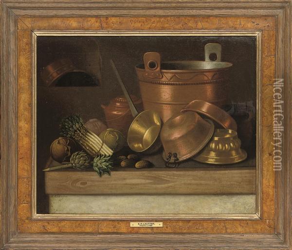 Asparagus, Cabbage, Artichoke And Pots On A Table Oil Painting - E.K. Lautter