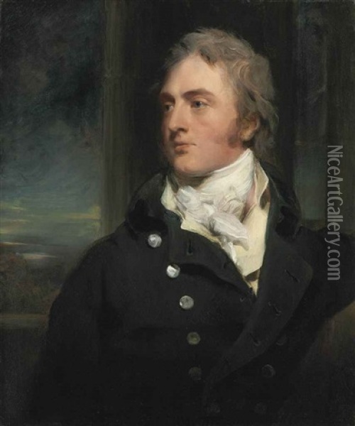 Portrait Of Sir George Cornewall, 3rd Bt., Of Mocass Court, In A Black Coat And A White Stock, A Landscape Beyond Oil Painting - Thomas Lawrence