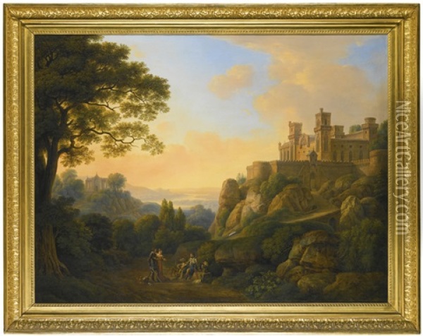 An Arcadian Landscape With A Fortress On A Hill And An Arcadian Landscape With A Church On A Hill (pair) Oil Painting - Johann Nepomuk Schoedlberger