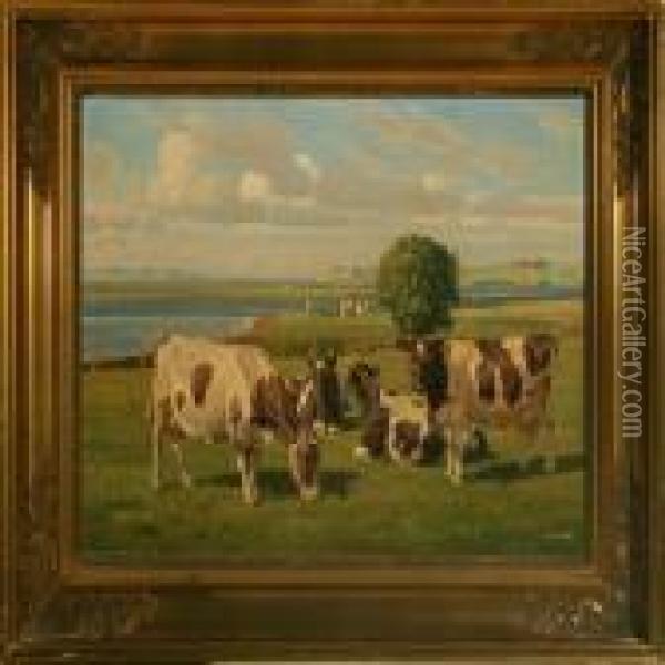 Landscape With Grazing Cows Oil Painting - Rasmus Christiansen