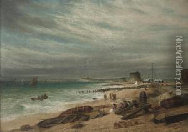 Figures In An Onshore Breeze, On
 The Beach At Walmer (illustrated); And Salvaging The Wreck Oil Painting - Samuel David Colkett
