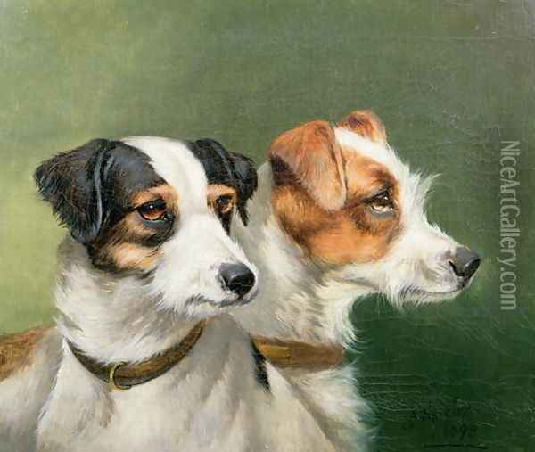 Two Fox Terriers, 1898 Oil Painting - Alfred Wheeler