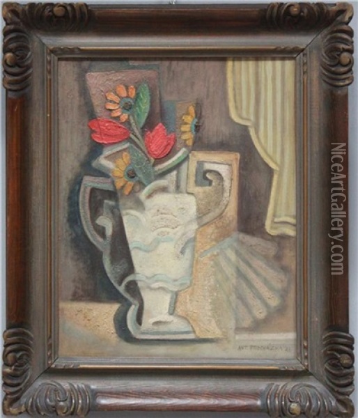 Kubistisches Stillleben Mit Blumen In Vase Oil Painting - Antonin Prochazka