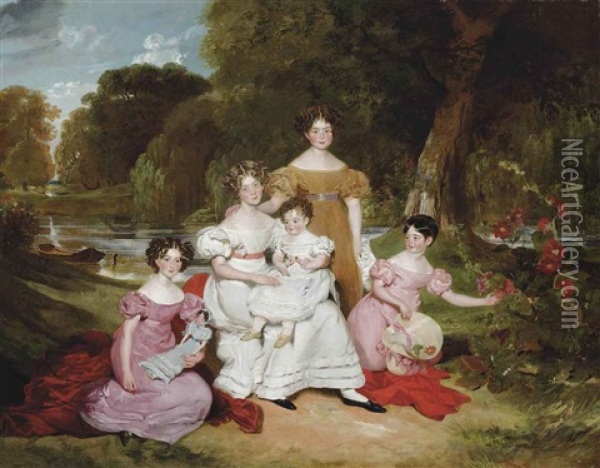 Group Portrait Of The Ward Hunt Family In A Landscape Before A River Oil Painting - Henry Wyatt