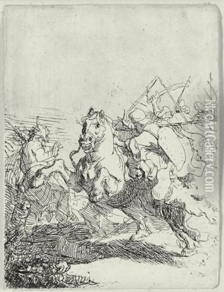 The Cavalry Fight (b., Holl. 117; H. 100; Bb. 32-7) Oil Painting - Rembrandt Van Rijn