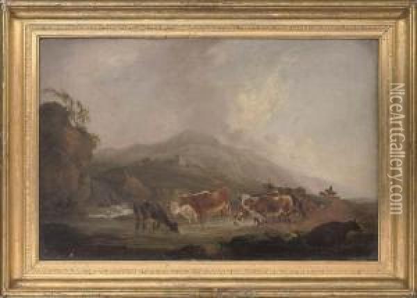 Cattle Watering In A Pool, With Ruins Beyond Oil Painting - Charles Towne