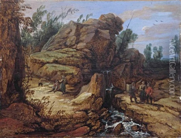 A Rocky, Mountainous Landscape With Figures Conversing Near A Waterfall Oil Painting - Lucas Achtschellinck