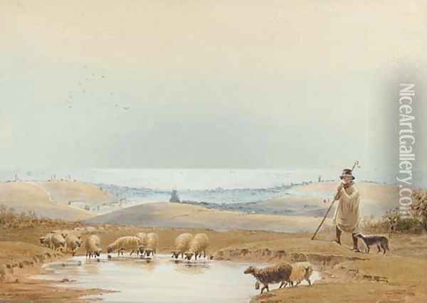 A shepherd and his flock on the South Downs above Brighton Oil Painting - Frederick William Woledge