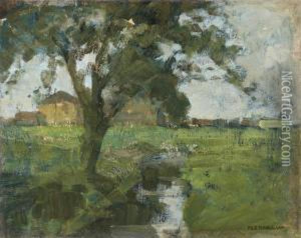 Farm Setting With Foreground Tree And Irrigation Ditch Oil Painting - Piet Mondrian