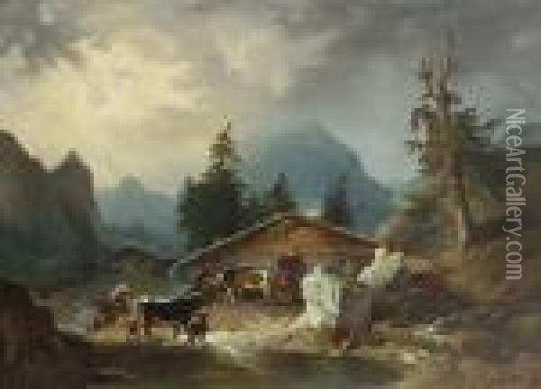 Seeauer Alpenhutte Im
 Regen. Oil Painting - Friedrich Gauermann
