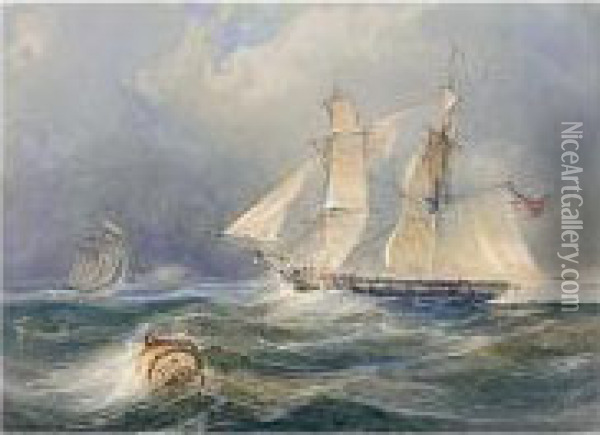 A Frigate In A Stiff Breeze Oil Painting - Thomas Leeson Rowbotham