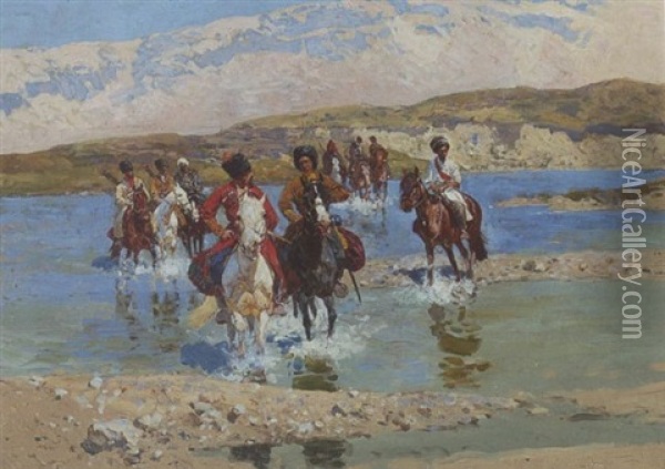 Tscherkessenreiter Beim Durchqueren Eines Flusses Im Kaukasus Oil Painting - Franz Roubaud