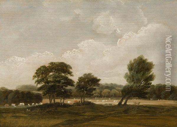 River Landscape With Cattle Oil Painting - Robert Ladbrooke