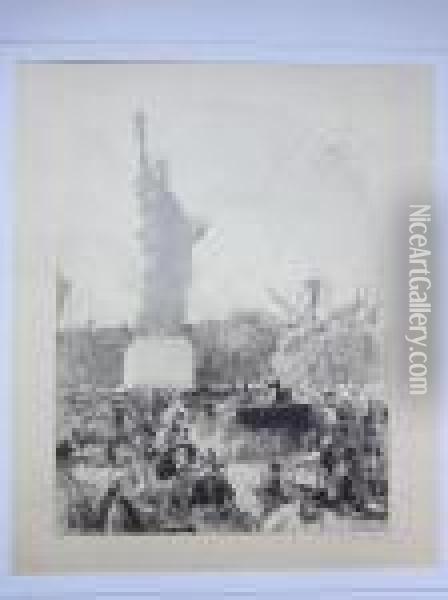 Inauguration Sur La Place De Etats-unis De La Statue De La Liberte Eclairant Le Monde 1885 ; [installation Du Telegraphe]. Oil Painting - Auguste Lepere