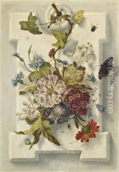 Parrot Tulips, Narcissi, Convolvulus And Other Flowers, With A Red Admiral Butterfly, A Beetle And Other Insects Oil Painting - Ottmar Elliger the Younger