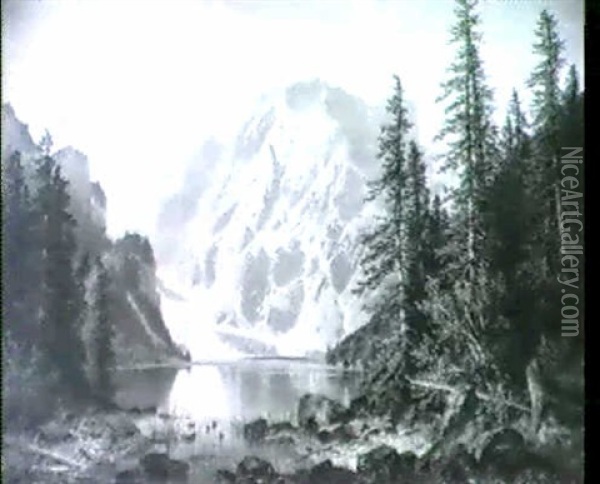 Blick Auf Den Pragser Wildsee In Den Dolomiten Oil Painting - Carl Hasch