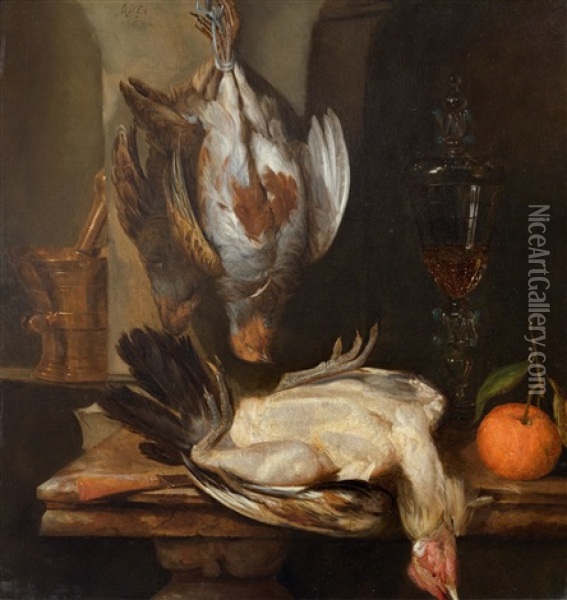 Still-life On A Marble Table With Fowl, An Orange, A Glass Goblet, A Knife And A Brass Mortar In A Niche Oil Painting - Abraham van Beyeren