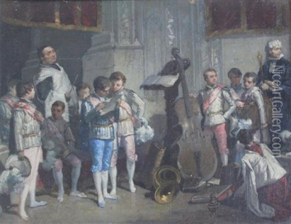The Village Tailor (+ Choristers In Seville Cathedral; Pair) Oil Painting - Francisco-Javier Amerigo y Aparici