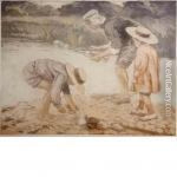 Children At Shore Oil Painting - Manuel Robbe