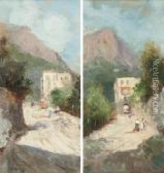 Peasants On A Capri Pass; And Another Similar Oil Painting - Oscar Ricciardi