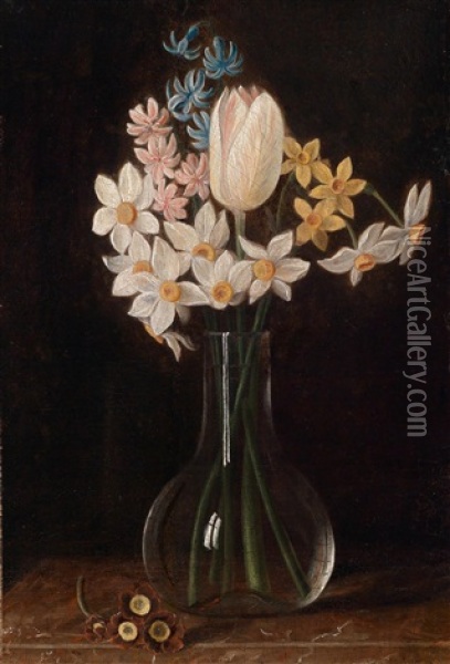 Blumenstillleben In Einer Glasvase Auf Einer Tischplatte Oil Painting - Justus Juncker