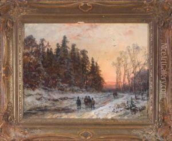 Wanderer In Bewaldeter Winterlandschaft Im Abendlicht Oil Painting - Adolf Stademann
