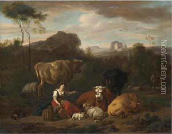 An Italianate Landscape With A Shepherdess Seated Amongst Sheep And Cattle Oil Painting - Dirk van Bergen
