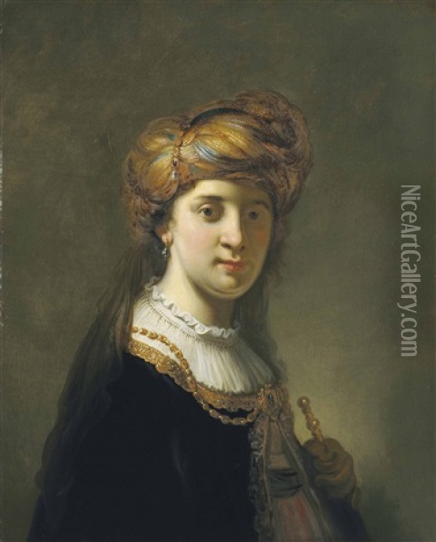 Portrait Of A Lady In A Turban, Half-length Oil Painting - Govaert Flinck