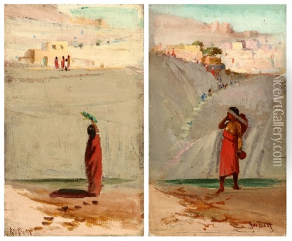 Standing Indian Figure Carrying A Basket (+ Standing Indian Figure In A Red Robe; 2 Works) Oil Painting - Arthur William Best