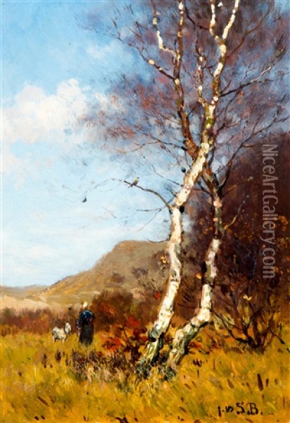 Heidelandschap Met Berkenboom Oil Painting - Julius Jacobus Van De Sande Bakhuyzen