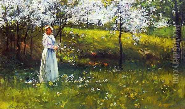 Woman with Apple Blossoms Oil Painting - Paul Cornoyer