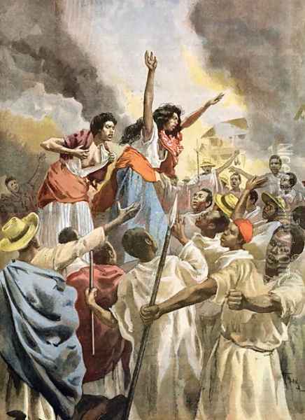 The Royal Princesses Preaching the Holy War in Madagascar, from Le Petit Journal, 9th December 1894 Oil Painting - Oswaldo Tofani
