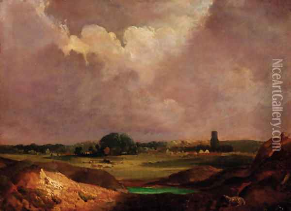 An extensive landscape with a village beyond Oil Painting - English School