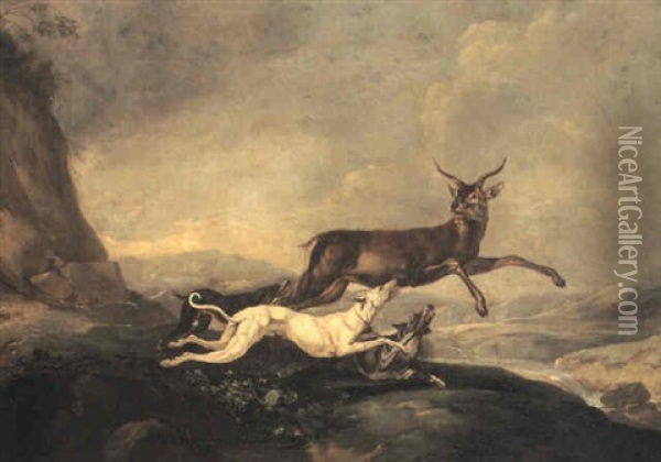 Hounds Attacking A Stag In A Mountainous Landscape Oil Painting - Carl Borromaus Andreas Ruthart