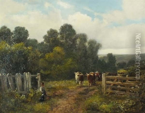 Cattle Beside A Gate Oil Painting - David Bates